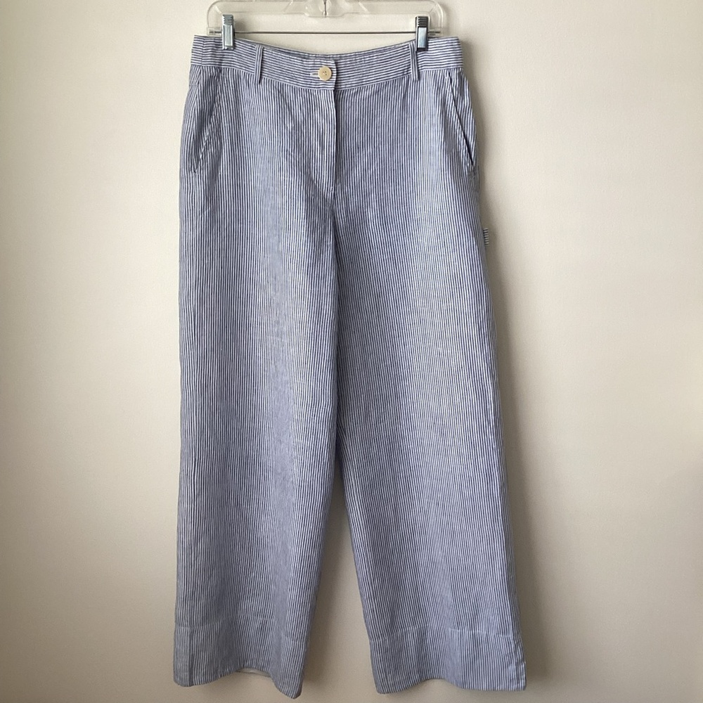 THEORY Carpenter Pants Linen Stripe Blue and White Wide Leg - Picture 5 of 10